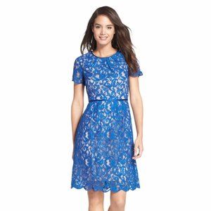 Adrianna Papell Blue Lace Dress with Tan Underlay - Size 8